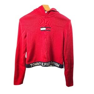 Tommy Hilfiger Denim Womens Red Cropped Hoodie Sweater Logo Hem Size L‎